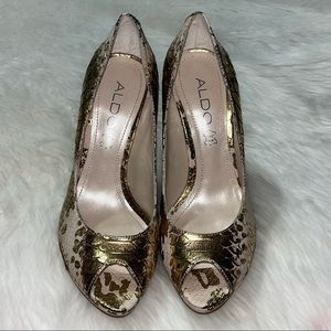 ALDO Sliney Snakeskin Stiletto Platform Peep Toe Heels US 4 Eur 35~Women’s~LN